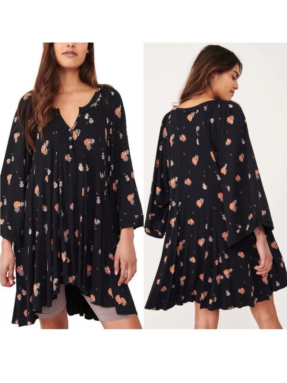 Free People Winter Sun Floral Printed Tunic Dress - Black Combo - Size XS